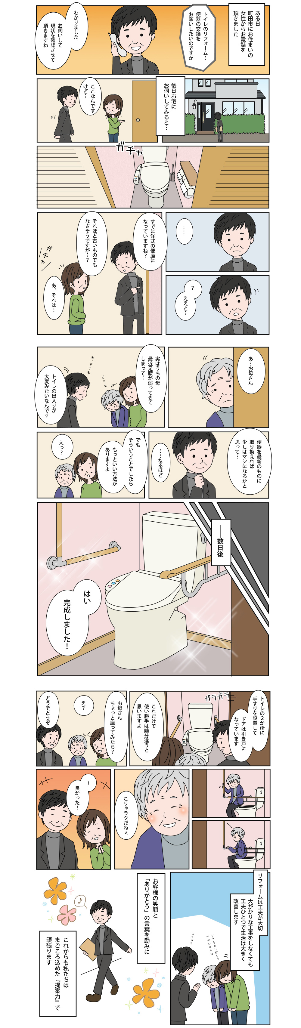 例えば、町田市鶴間にお住まいのある女性(娘さん)から、 同居のおばあちゃんのためにトイレをリフォームしたい、便器を交換したいと、お電話をいただきました。 実際におうかがいすると、すでに洋式のトイレになっています。 おや?と思いながら娘さんとおばあちゃんから、詳しくお話を聞いてみることにしました。 すると、おばあちゃんは最近足腰が弱り、トイレの出入りに困っているということ。 心優しい娘さんは便器を交換すれば、おばあちゃんの悩みを解決できると考えたのです。 そこで私たちからおばあちゃんの困りごとを解決する方法を提案させていただきました。 手すりを2カ所つけること、ドアを引き戸にすること、 これでトイレの出入りが楽になることを理解いただいた上でリフォーム工事を行いました。 大規模なリフォーム工事をすることなく最小限の工事で、おばあちゃんの悩みは解決したのです。
